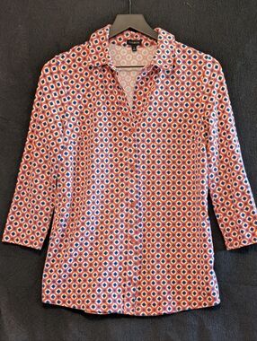 Talbots Geometric Print Button Front Blouse Small Flowy 3/4 Sleeve Blouse Work